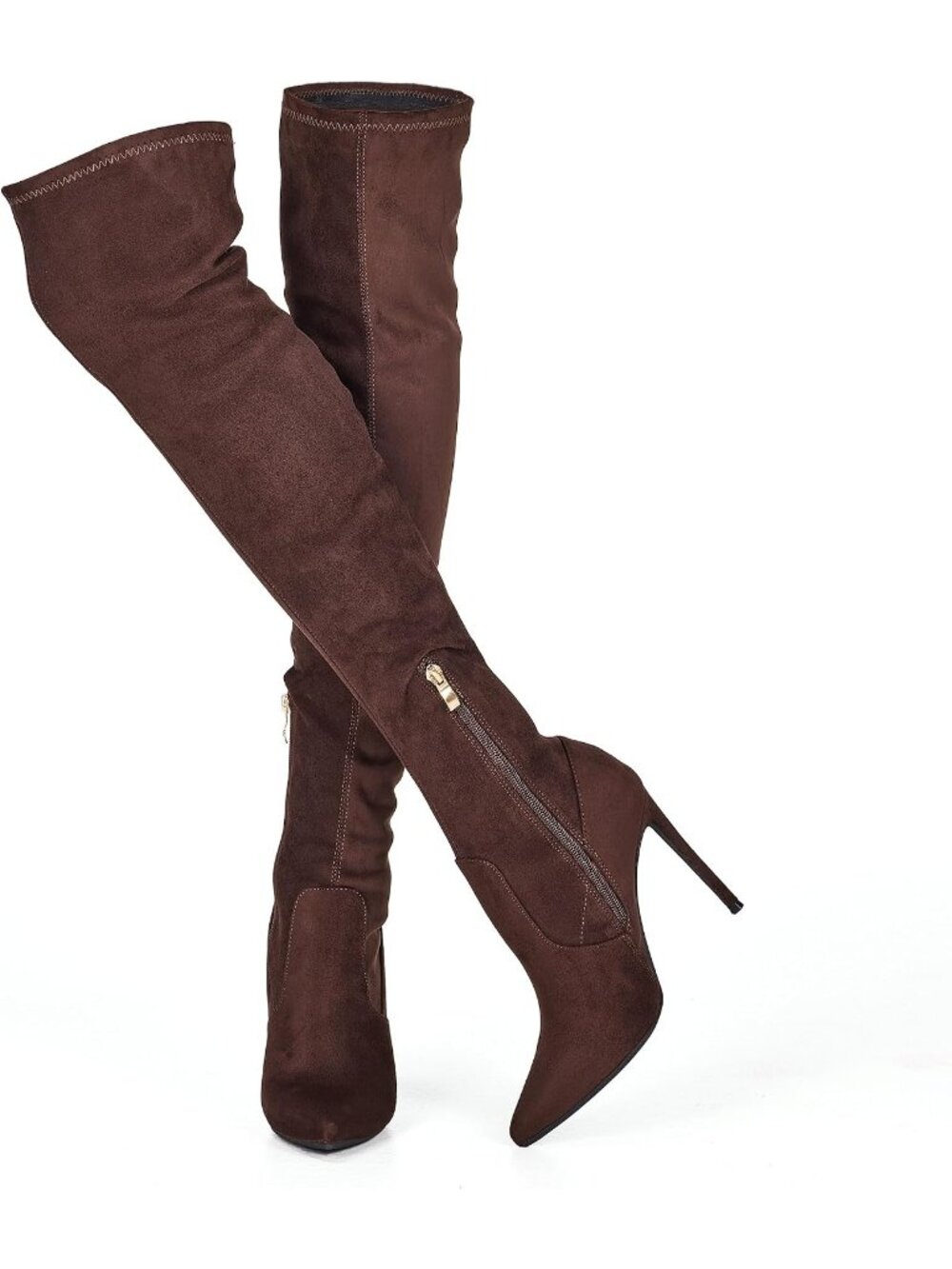 Women's Coffee Over the Knee Boots Stiletto Pointed Toe Long Thigh High Heels